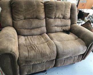 #157	loveseat double recliner electric by flex steel 64 long nailhead tan micro fiber 	 $300.00 	 * 
