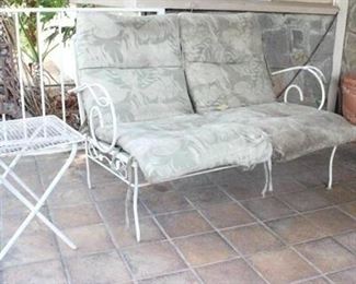 Vintage White Metal Two Seater Bench with Small Table