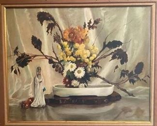 Vintage Asian Floral Still Life Painting Framed Signed
