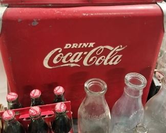 Coca-Cola Cooler and Vintage Bottles 