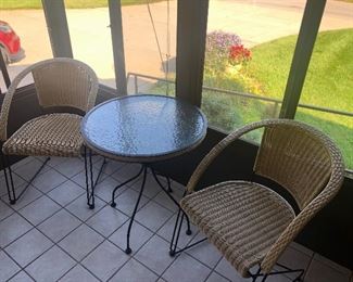 3 piece wicker chairs and matching glass table