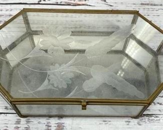 Floral Brass Etched Glass Jewelry Box