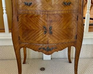PETITE FRENCH COMMODE - curved front, ornate satinwood veneer work, marble top, one drawer and two doors, original mounts, pulls and hinges, circa 1920s