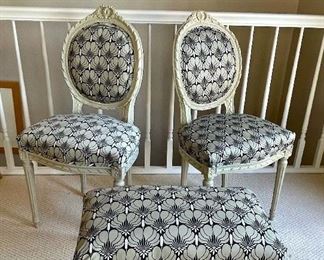 LOUIS XVI STYLE SEATING - 2 vintage armless painted chairs with upholstered seats and backs, plus 1 upholstered bench, all covered in Amy Butler fabric