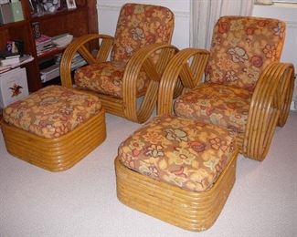 1940's 5-STRAND "PRETZEL" RATTAN SET - in the style of Frankl, made in the Philippines, consists of a 3-piece sofa, round coffee table, 2 club chairs, 2 ottomans, 2 demi-lune end tables, cushions with original fabric plus an additional set of custom slip covers