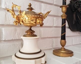 Pair of antique marble base gilded brass lidded tazzas and a pair of Dore bronze gilt decorated brass candlesticks