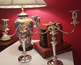 Pair of silverplate three light candleabras