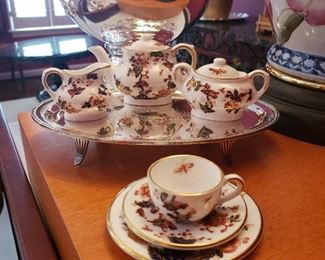 Coalport porcelain “Hong Kong” miniature tea set including: teapot, creamer, 
sugar, two plates and cup and saucer with a silverplate tray, eight pieces
