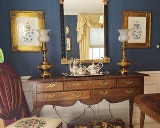Mahogany five drawer sideboard with brass pulls, approximately 60 inches wide by 16 inches deep by 33 inches tall	