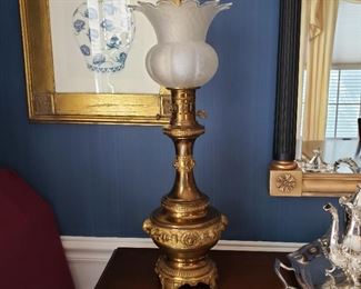 Pair of antique brass oil lamps with glass shades              
