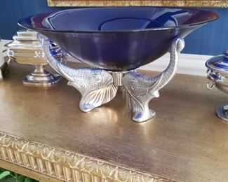 Arthur Court cobalt glass center bowl on elephant stand