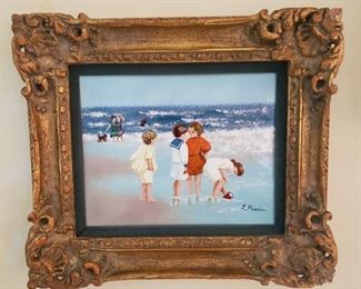 Contemporary painting on copper depicting children at play on beach, signed lower right J. Passin