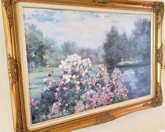 Framed oil painting on canvas depicting flower beside lake with swans,  Appr. 43 inches wide by 31 inches tall, signed lower left Juan Rosell	
