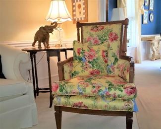 Pair of fruitwood framed yellow floral upholstered armchairs