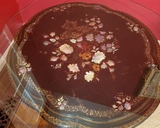 Antique English papier mache table with inlaid mother of pearl and abalone with glass top, as is