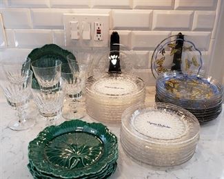 Val St. Lambert glass plates, Lynn Chase hand painted plates, Portuguese green plates, Val St. Lambert glasses