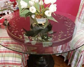 Custom painted pedestal table with glass top by Allison St. James