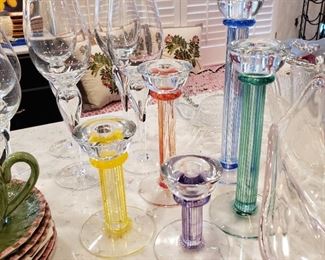 Set of five art glass candlesticks