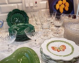 Wedgwood green leaf plates, Val St. Lambert crystal glasses and plates, green heart is Annie Glass