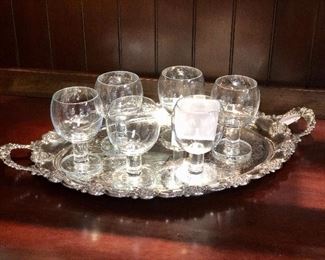 Crate and Barrel “Viva” wine glasses. Antique English ornate silver plated tray.