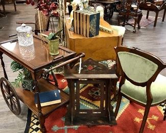 Antique clock shelf. Antique bar/tea cart with glass serving tray.