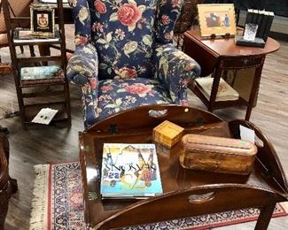 Hinged English style campaign table. Brass hinges. Removable Butler’s serving tray.