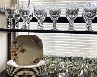 Set of 12 crystal water goblets. Vertical cut and thumbprint design on bowl. Maker unknown.

English Spode China. Fairy Dell pattern.