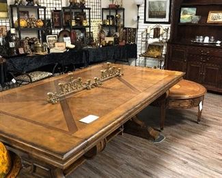 Banquet size Bernhardt table. Substantial Gothic pedestal style table. 7 1/2 feet and includes 218 inch leaves for an overall size of 10 1/2 feet. 4 feet wide.