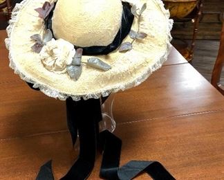 Victorian ladies straw hat. Silk flowers, velvet ribbon.