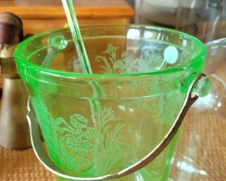 Green depression glass ice bucket with matching spoon 