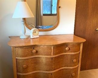 Antique Oak Serpentine Dresser and matching mirror 