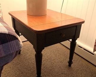 Oak side table w/1 drawer ---  green painted legs.        Also has atching coffee table 