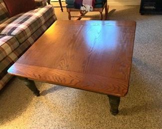 Oak coffee table with green painted legs - w/2 side tables
