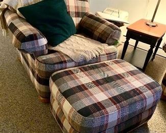Plaid side chair and ottoman with matching couch