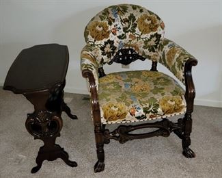Antique upholstered chair and  sidetable