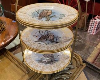3 Tiered Gold Metal Plate Display with 8 Edward Marshall Boehm Owl Plate Collection