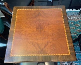 Beautiful Tilt Top Table with Inlaid Wood and Burled Wood Design Made by Elite Tables
