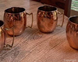 Four Copper Moscow Mule Mugs with Brass Handles