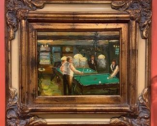 Signed and Framed Men Playing Pool
