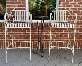 Wrought Iron Cream Painted Patio Chairs with Mosaic Tan Table