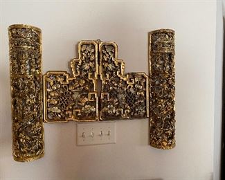 The two bowed Chinese carved panels on the left and right will be sold separately from the hinged panels in the center.