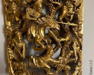 The two bowed Chinese carved panels on the left and right will be sold separately from the hinged panels in the center.