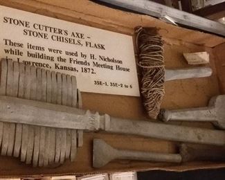 Stone Cutter's Axe-Stone Chisels.  These items were used by H. Nicholson while building the Friends Meeting House in Lawrence, KS 1872.  