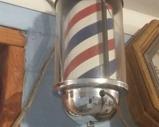 Hanging Barber Sign-Spins & Lights Up fine, broken glass one side