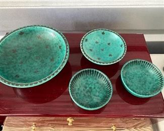 William Kage GUSTAVSBERG Argenta Green Sterling Silver Overlay Bowls (4) $225