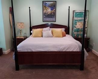 Mid Century King Size Poster Bed Includes Mattress 2 Part Box Springs and Bedding