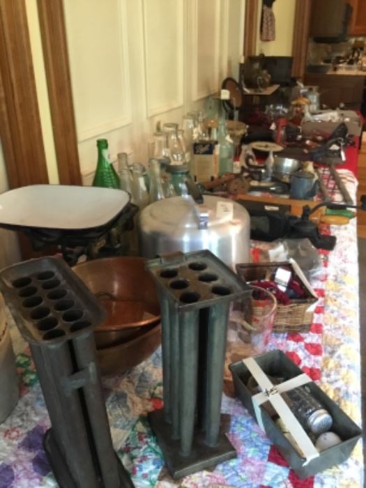 Primitives, milk bottle, wrought iron scale, kitchen utensils