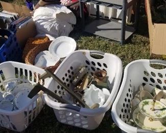 Baskets and buckets full of collectibles, plates, knick knacks and more