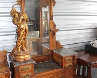 French Henri II Marble top dressing table. Also a Marbro Figural Lamp "The Thirst"