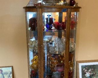 Petite oak cabinet with rounded glass, colored antique glass